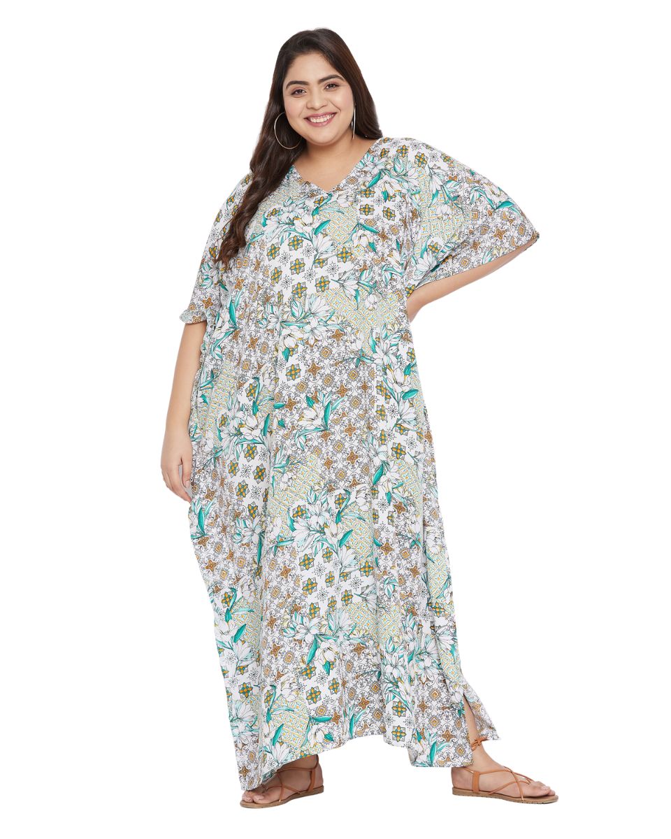 Floral Printed White Polyester Plus Size Kaftan Dress For Women