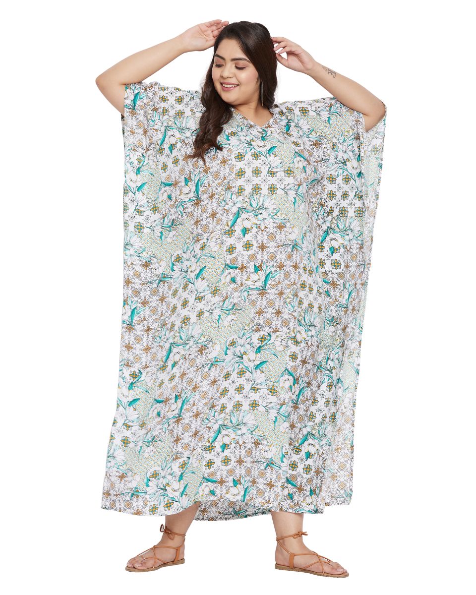 Floral Printed White Polyester Plus Size Kaftan Dress For Women