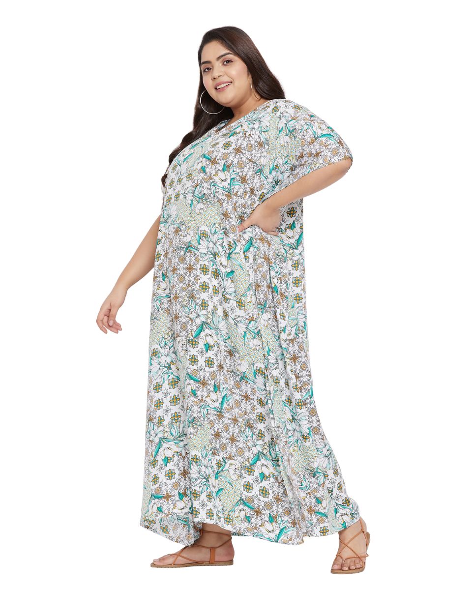Floral Printed White Polyester Plus Size Kaftan Dress For Women