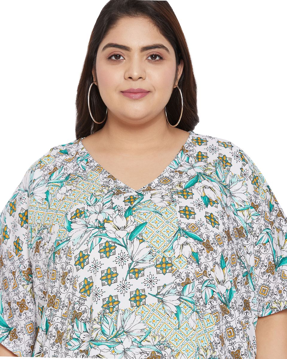 Floral Printed White Polyester Plus Size Kaftan Dress For Women