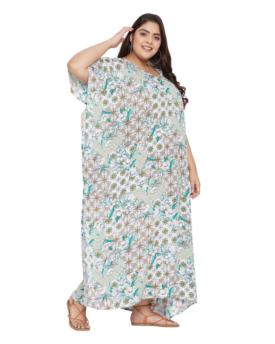 Floral Printed White Polyester Plus Size Kaftan Dress For Women