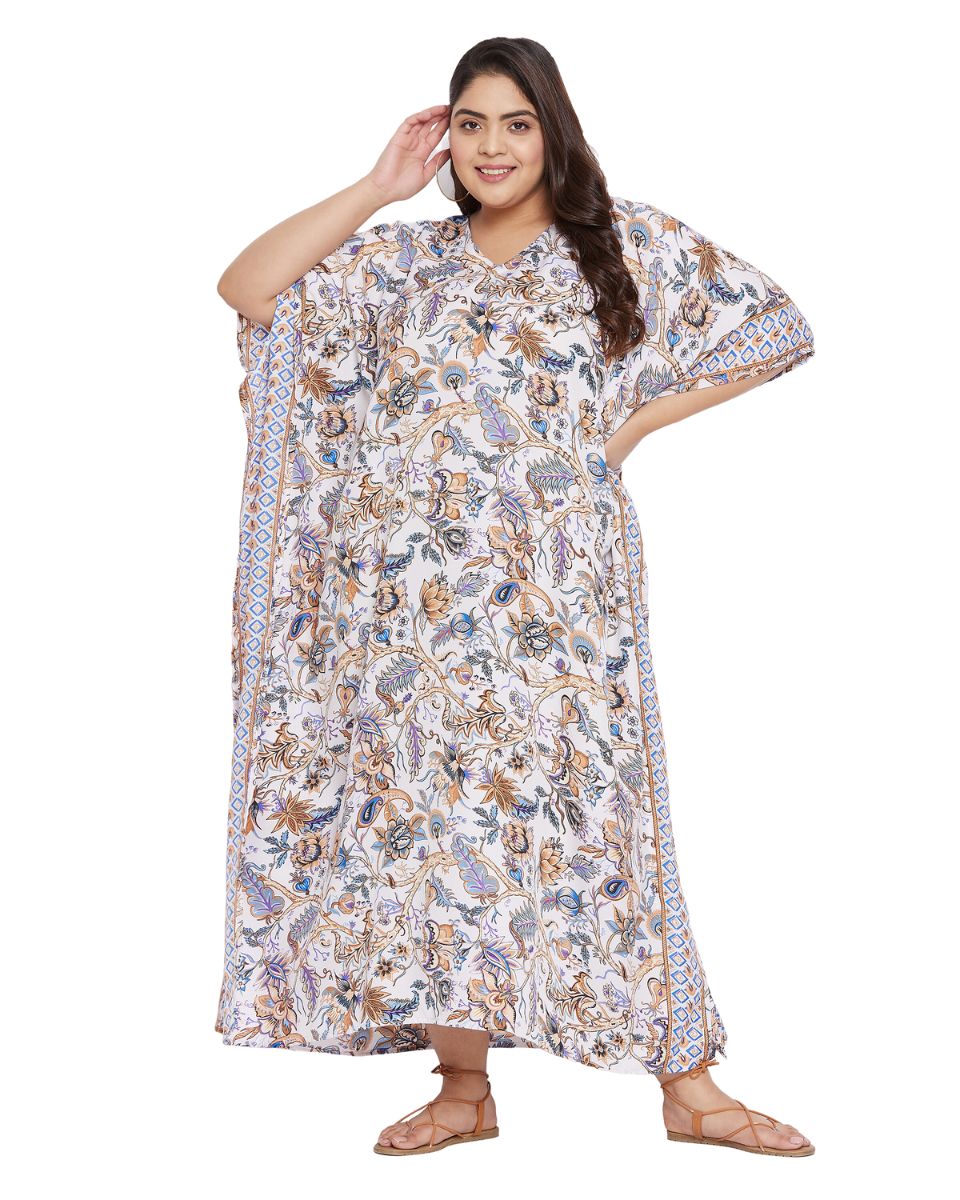 Floral Printed White Polyester Plus Size Kaftan Dress For Women