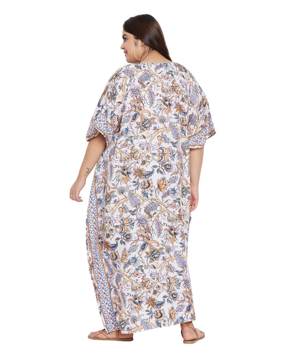 Floral Printed White Polyester Plus Size Kaftan Dress For Women
