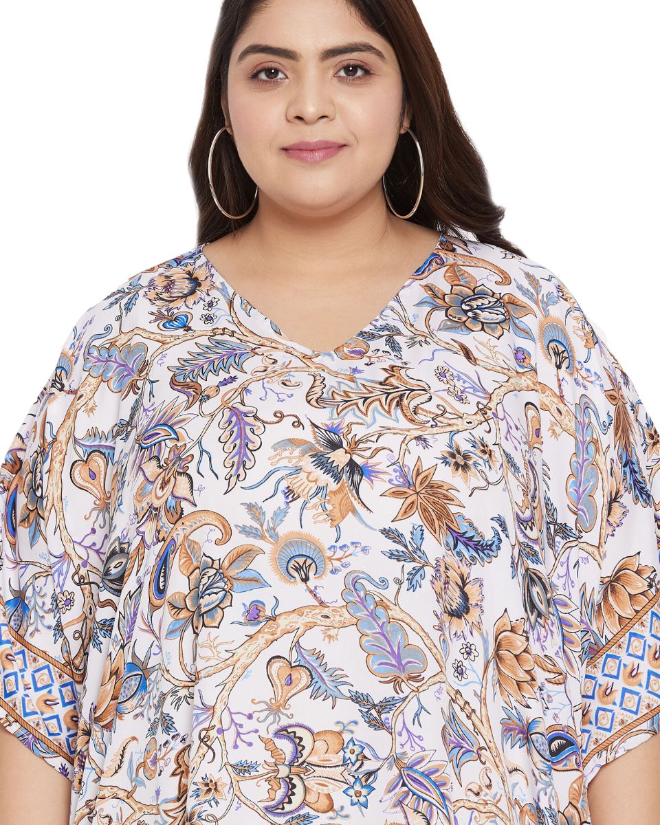 Floral Printed White Polyester Plus Size Kaftan Dress For Women