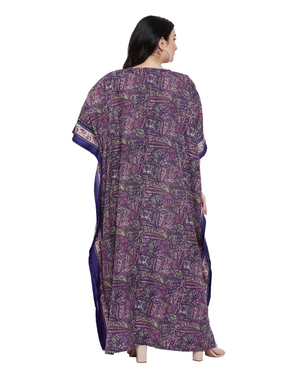 Paisley Printed Purple Polyester Plus Size Kaftan Dress For Women