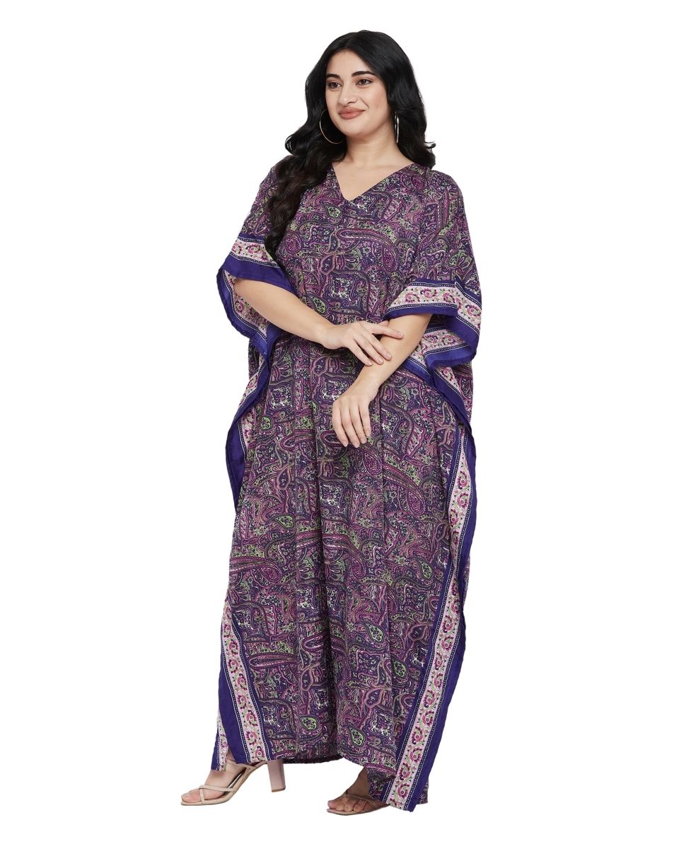 Paisley Printed Purple Polyester Plus Size Kaftan Dress For Women