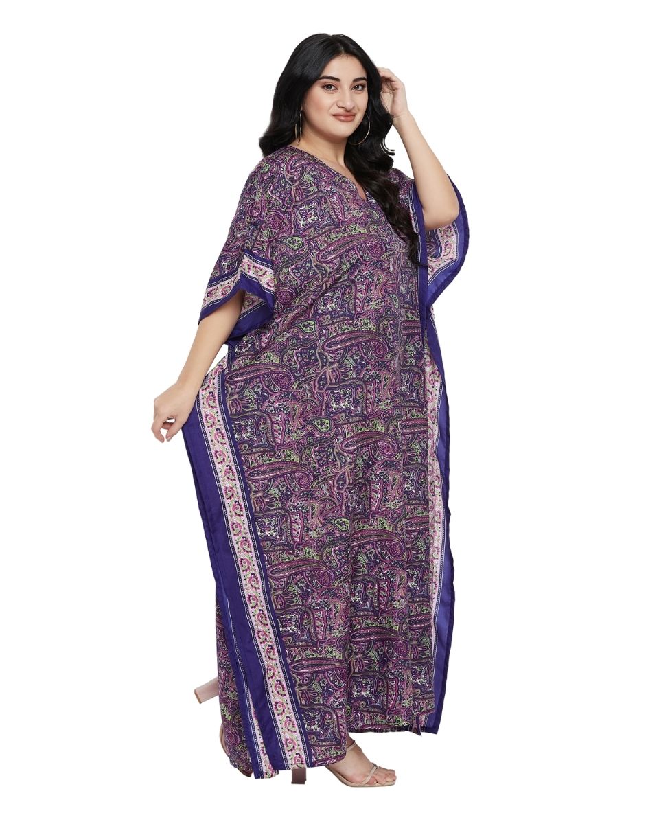 Paisley Printed Purple Polyester Plus Size Kaftan Dress For Women