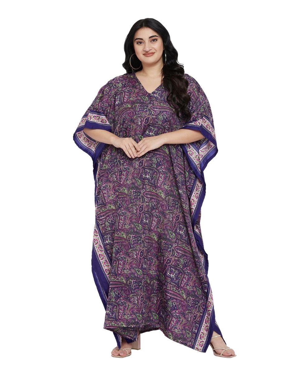 Paisley Printed Purple Polyester Plus Size Kaftan Dress For Women