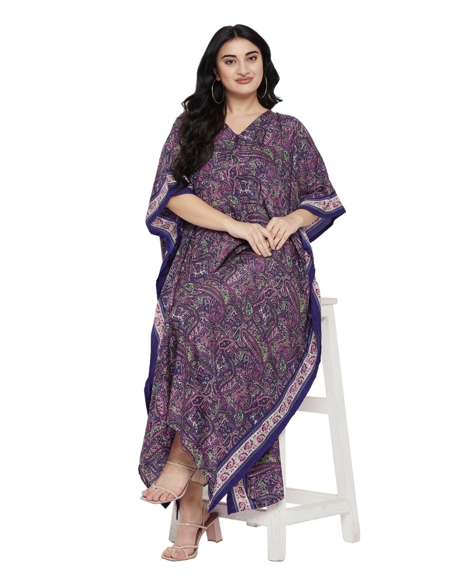 Paisley Printed Purple Polyester Plus Size Kaftan Dress For Women