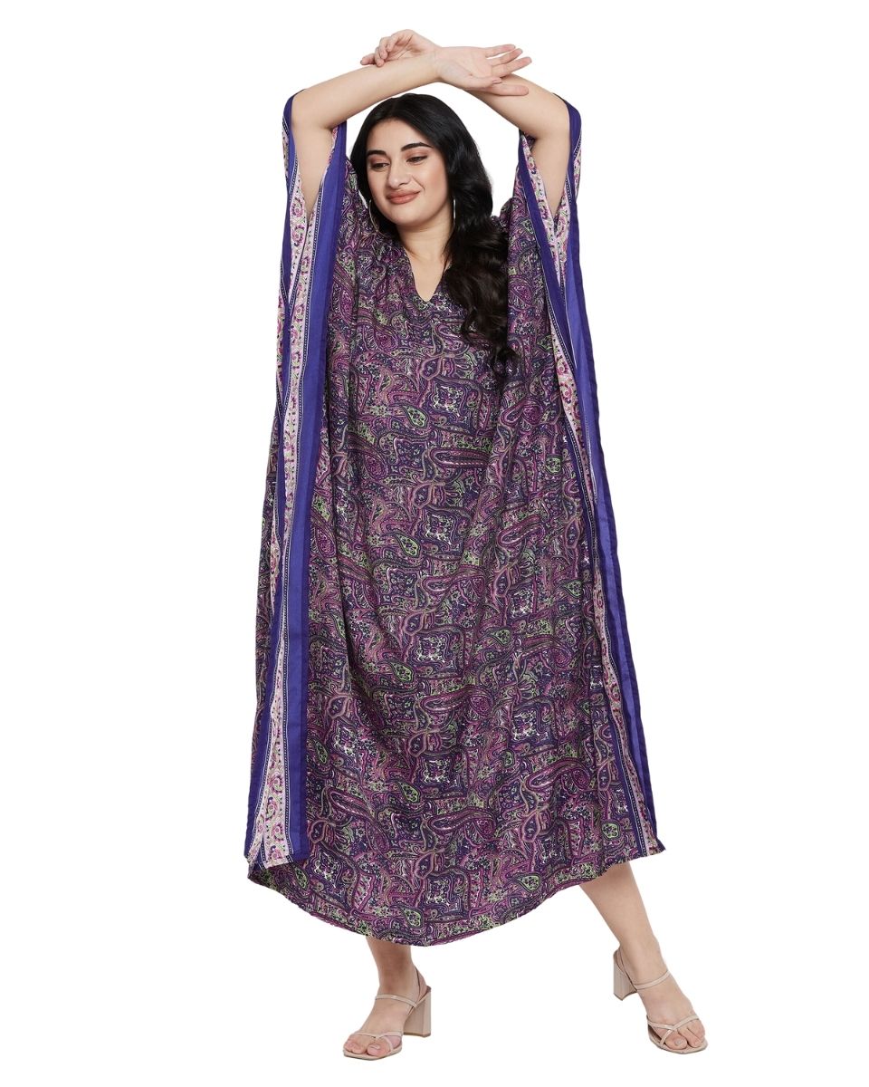 Paisley Printed Purple Polyester Plus Size Kaftan Dress For Women