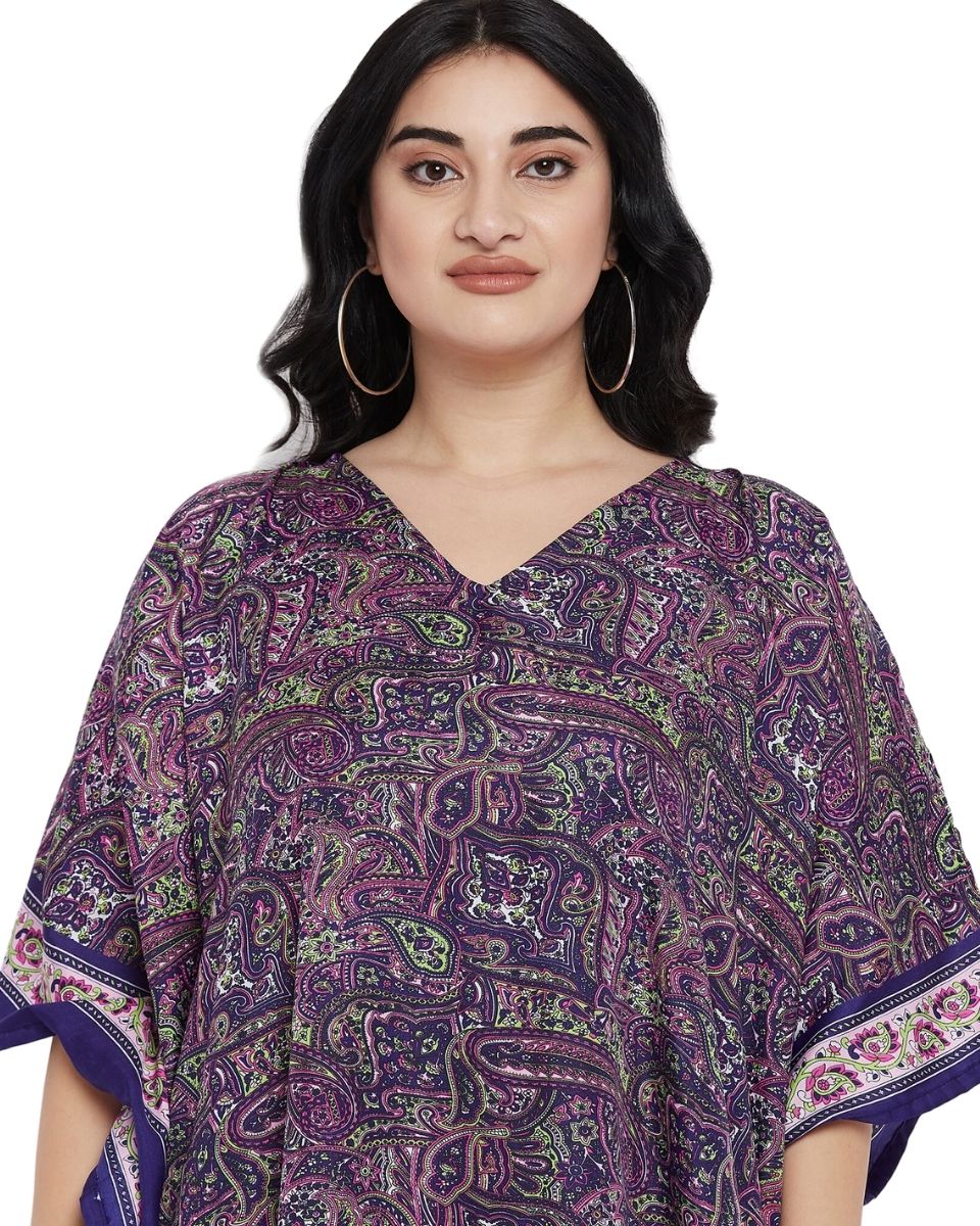 Paisley Printed Purple Polyester Plus Size Kaftan Dress For Women