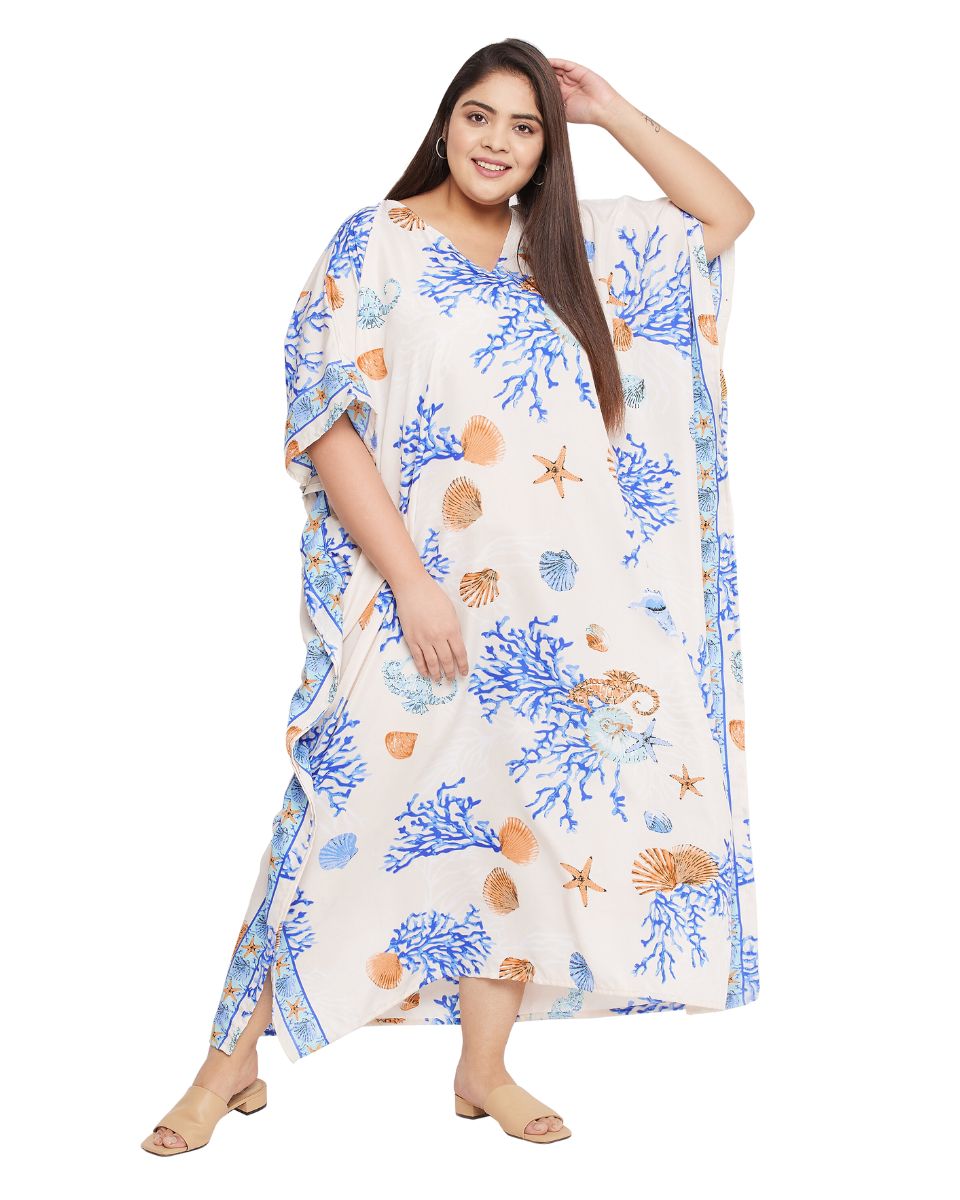 Sea Shell Printed White Polyester Plus Size Kaftan Dress For Women