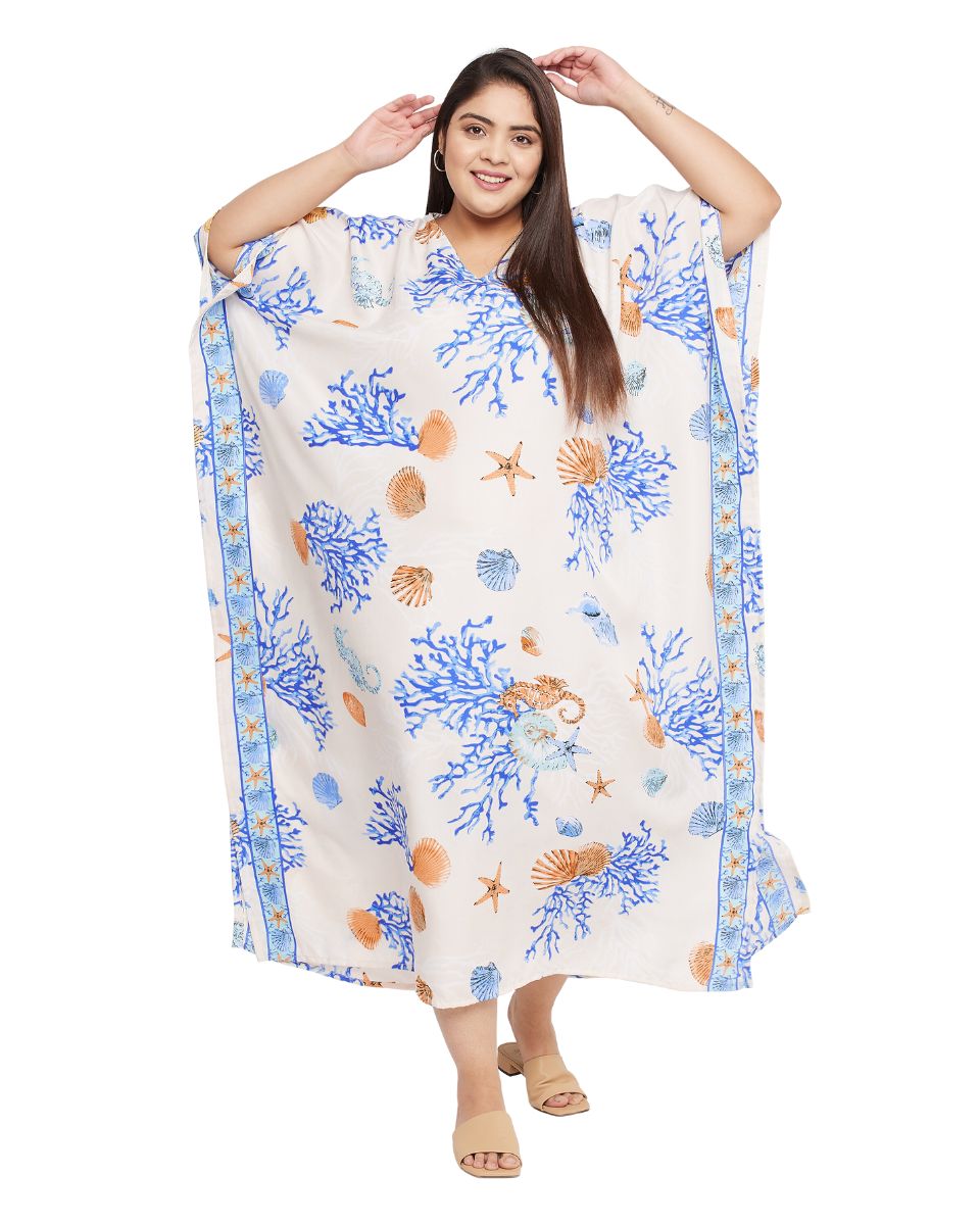 Sea Shell Printed White Polyester Plus Size Kaftan Dress For Women