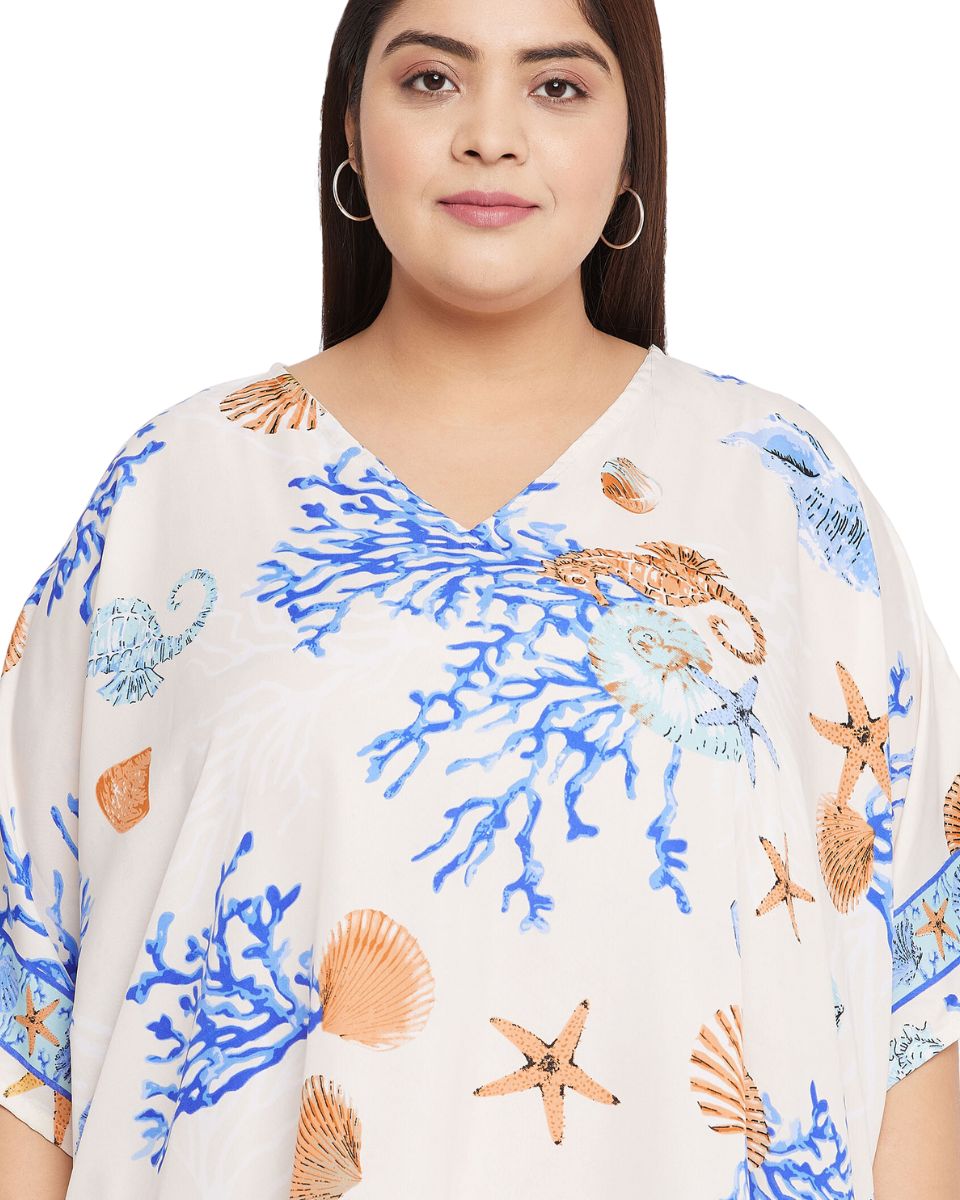 Sea Shell Printed White Polyester Plus Size Kaftan Dress For Women