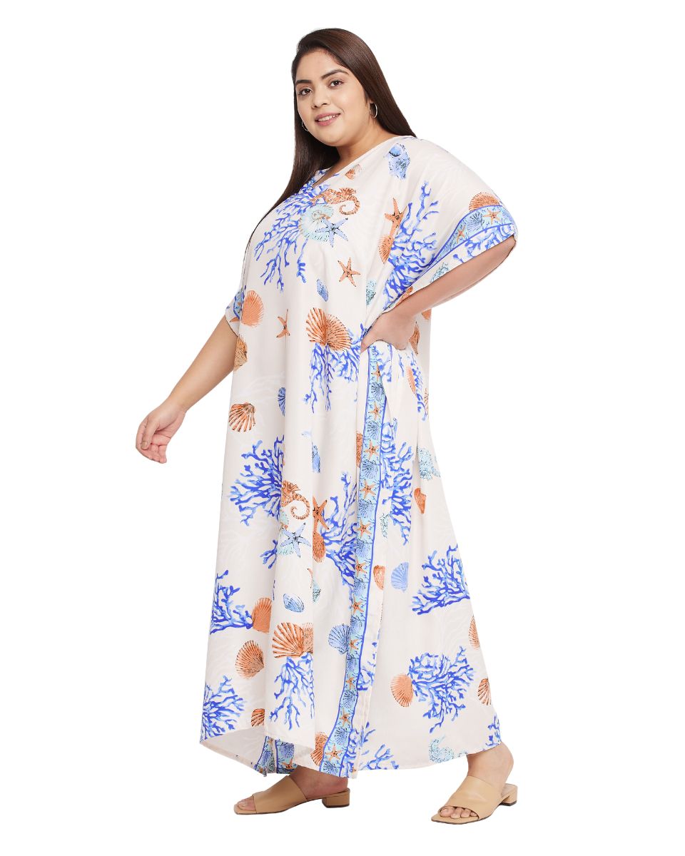 Sea Shell Printed White Polyester Plus Size Kaftan Dress For Women