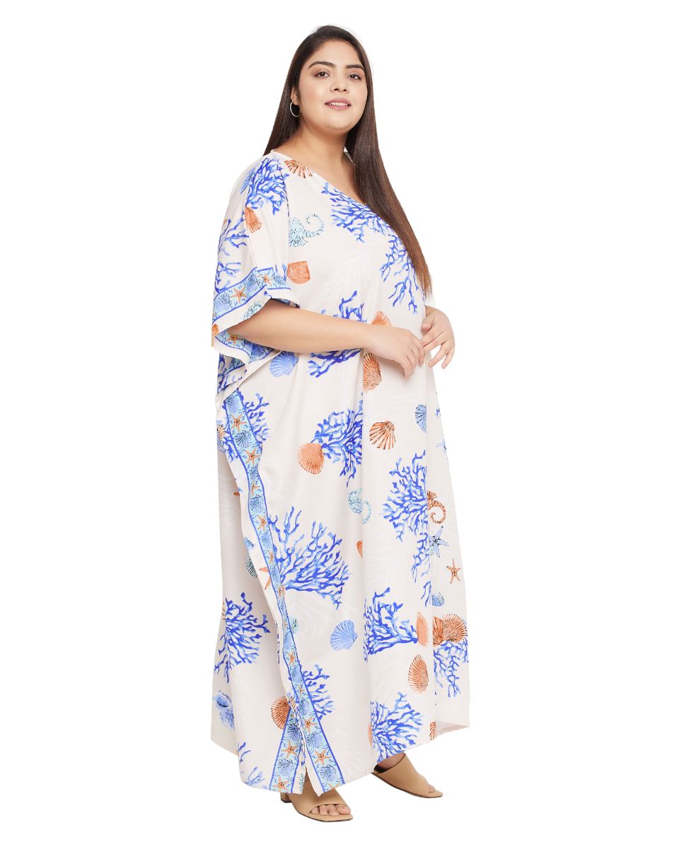 Sea Shell Printed White Polyester Plus Size Kaftan Dress For Women