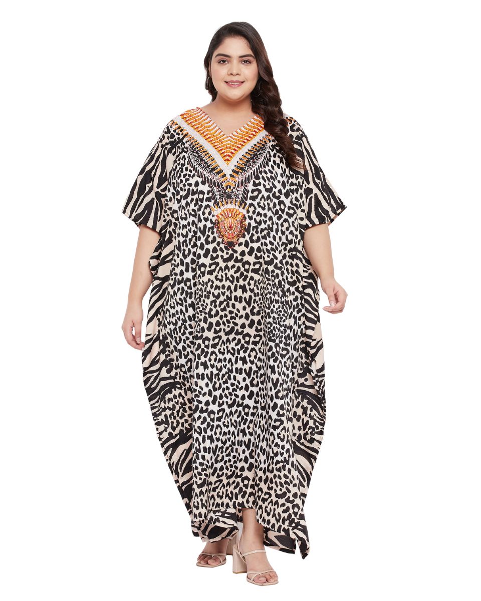 Animal Printed Black beige Polyester Kaftan Dress For Plus Size Women