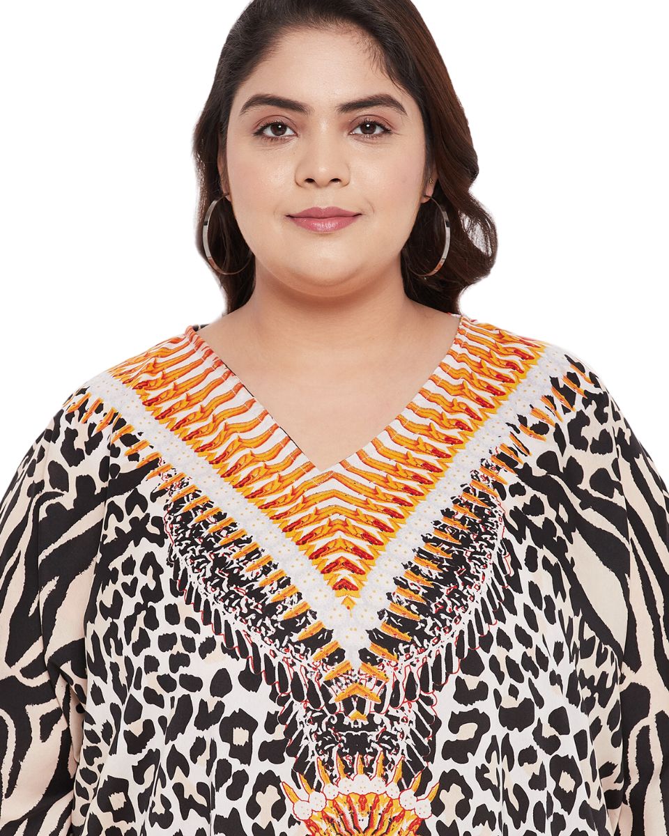 Animal Printed Black beige Polyester Kaftan Dress For Plus Size Women