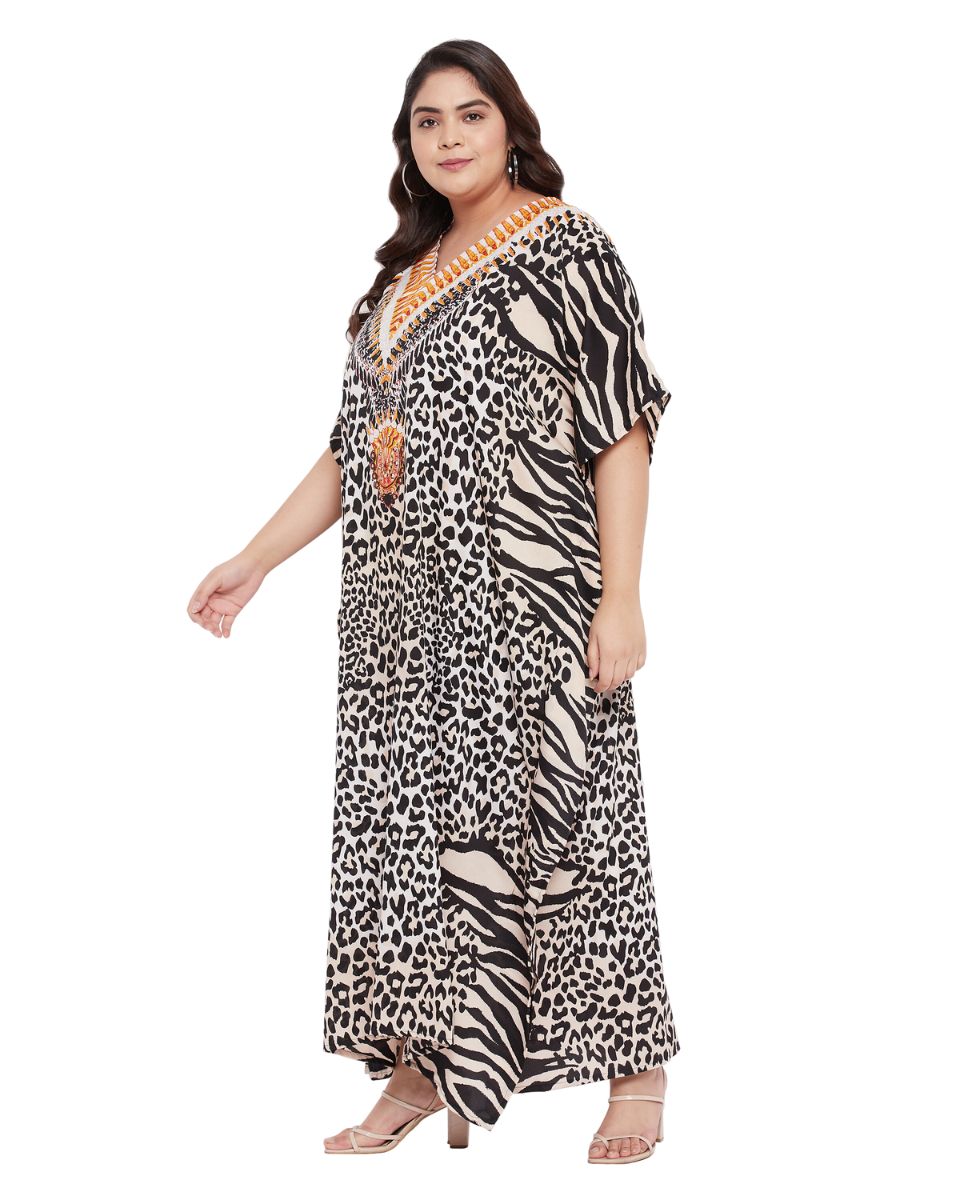 Animal Printed Black beige Polyester Kaftan Dress For Plus Size Women