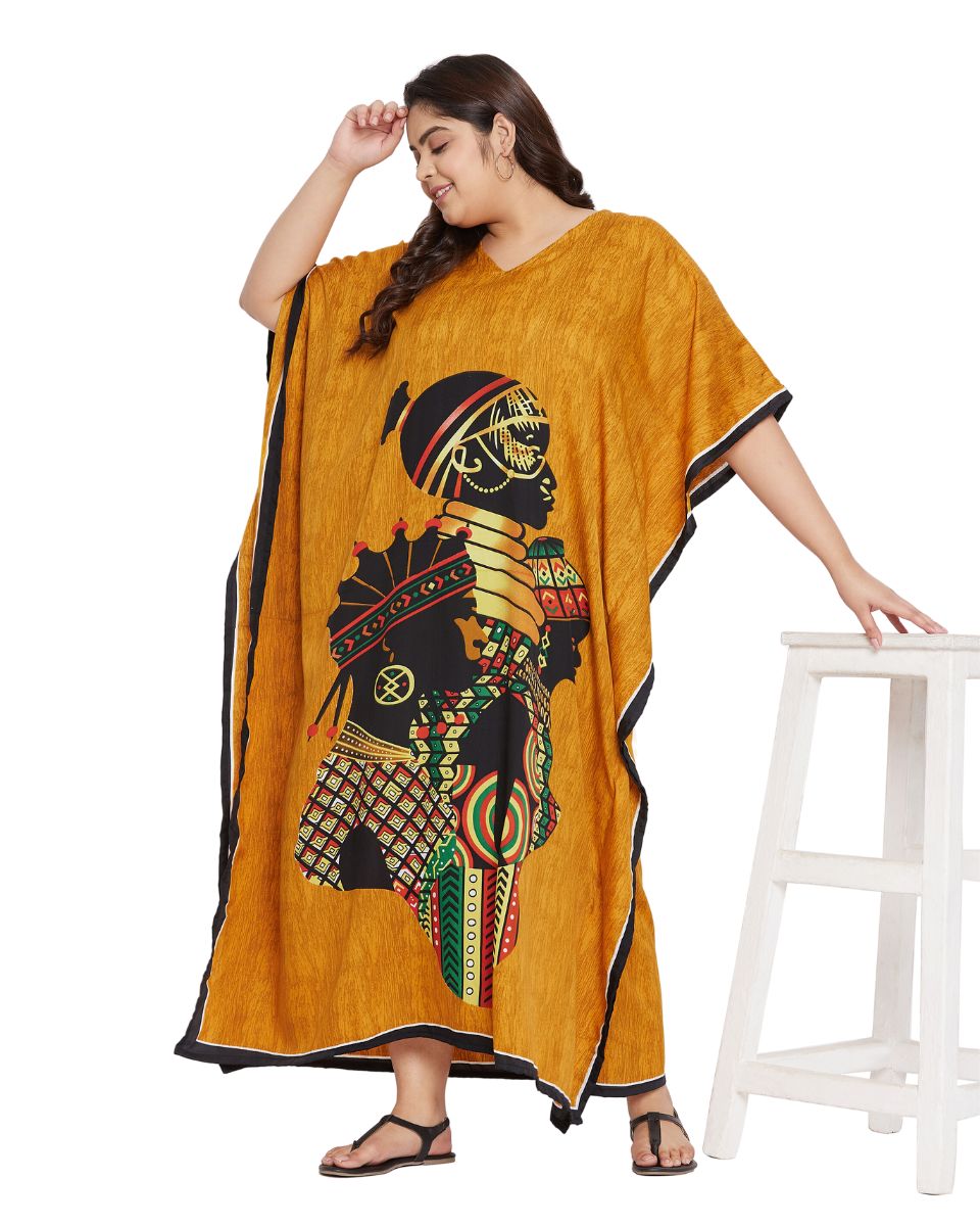 Print Tribal Yellow Polyester Kaftan For Plus Size Women