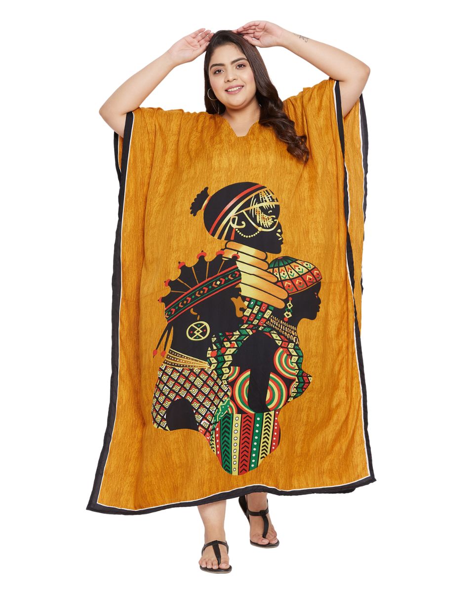 Print Tribal Yellow Polyester Kaftan For Plus Size Women