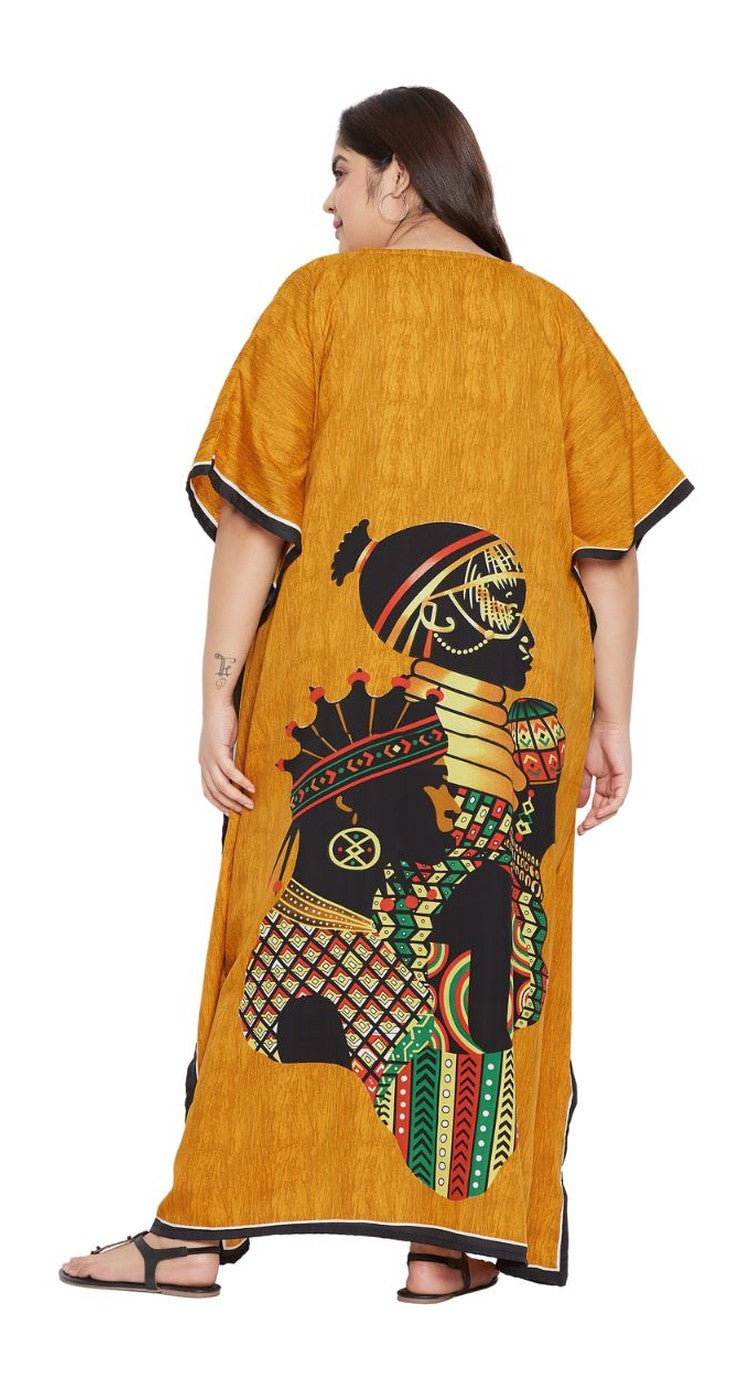 Mustard plus size kaftan with African woman figure print and black trim — extra view