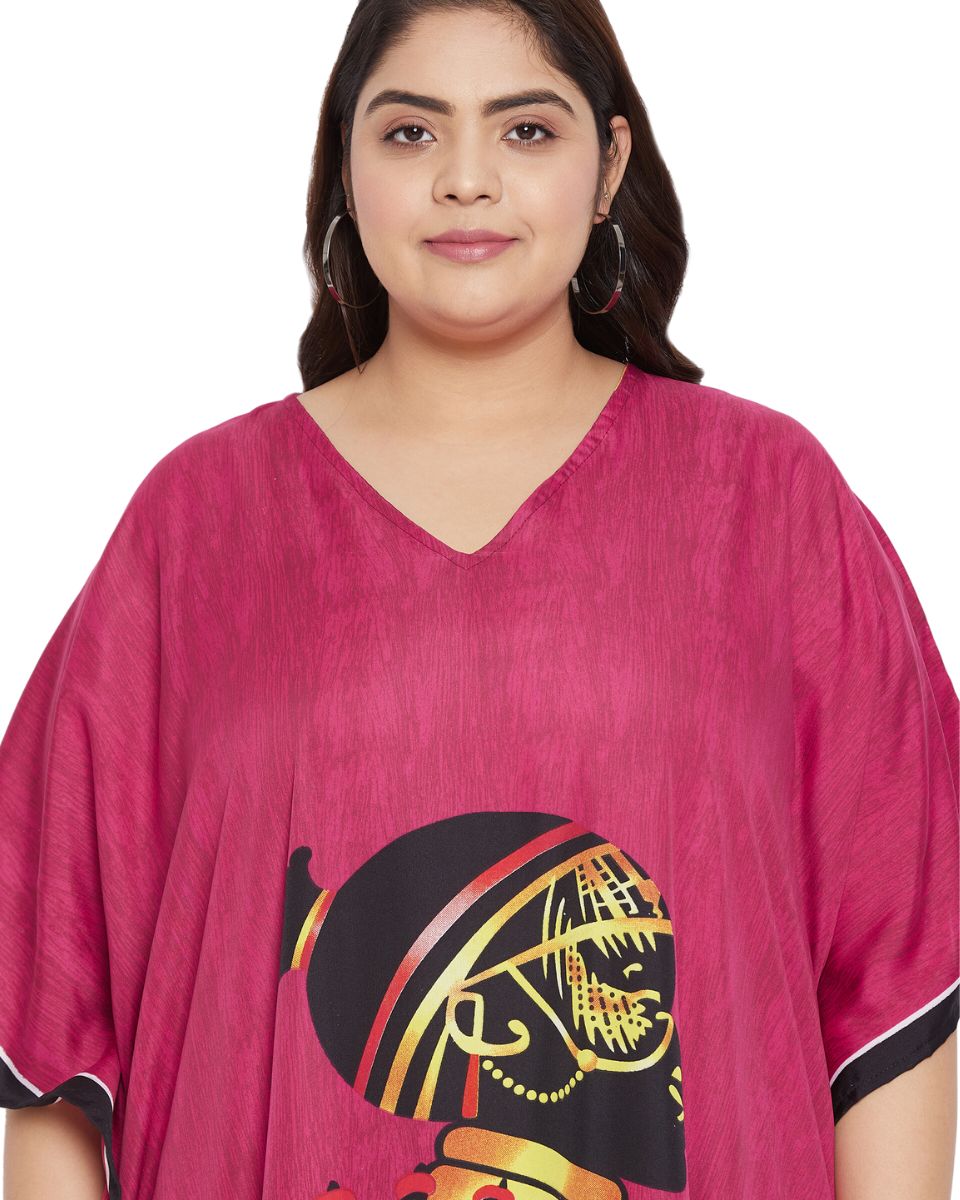 Polyester Tribal Printed Pink Plus Size Kaftan Dress For Women