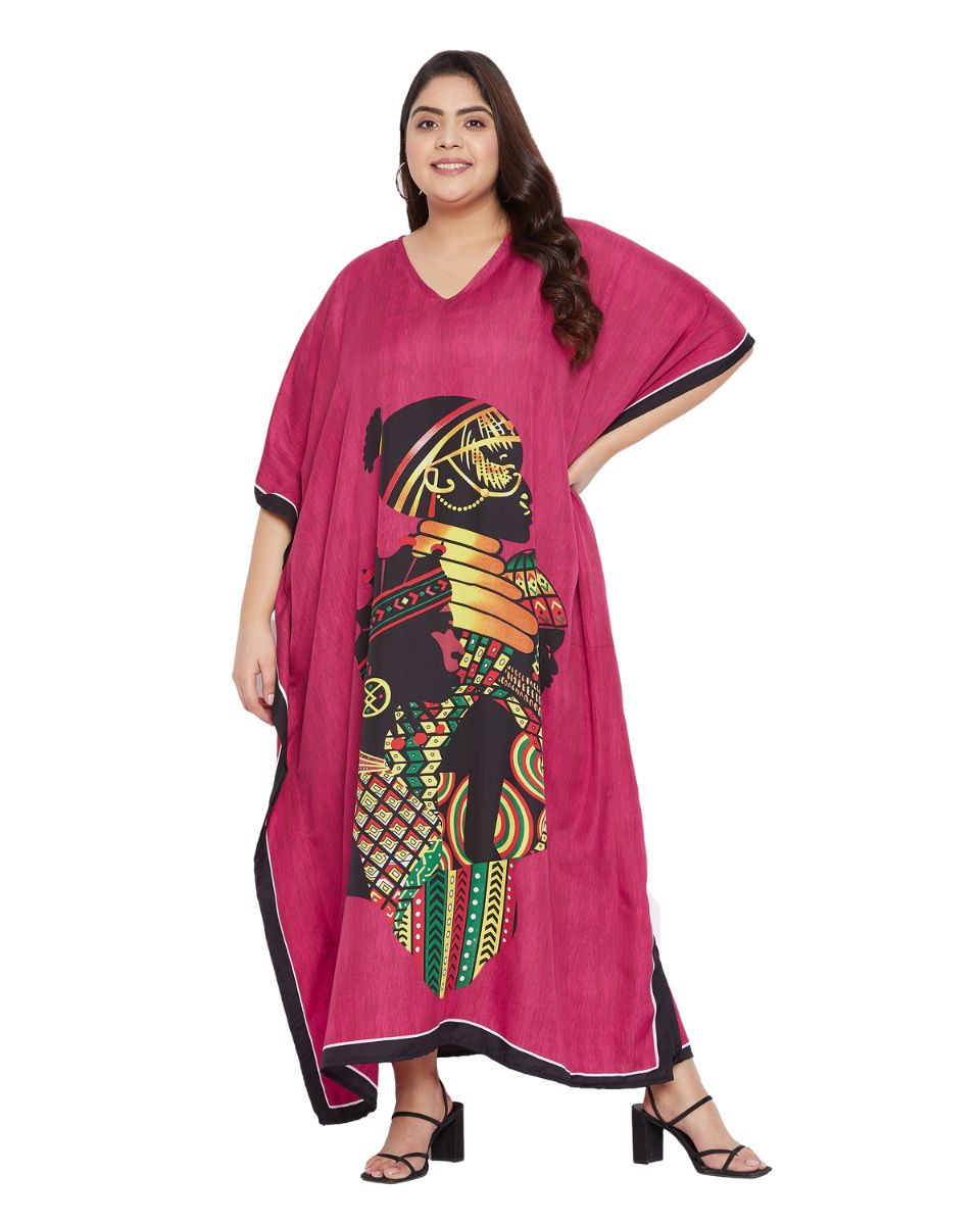 Polyester Tribal Printed Pink Plus Size Kaftan Dress For Women