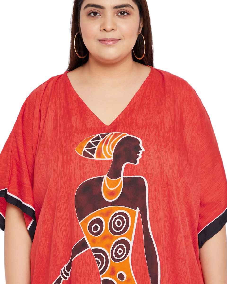 Color Red Tribal Printed Polyester Kaftan For Plus Size Women
