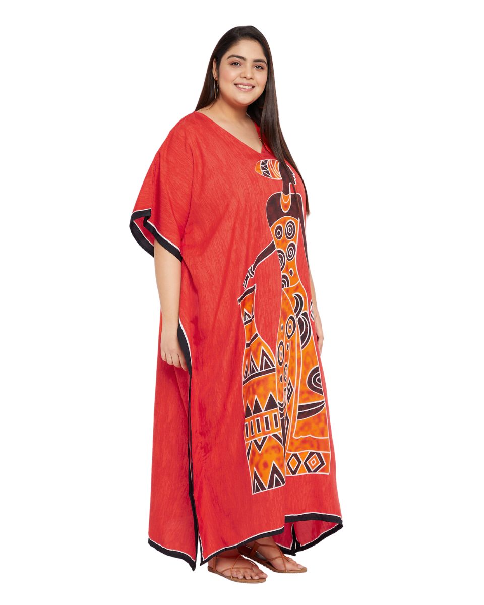 Color Red Tribal Printed Polyester Kaftan For Plus Size Women