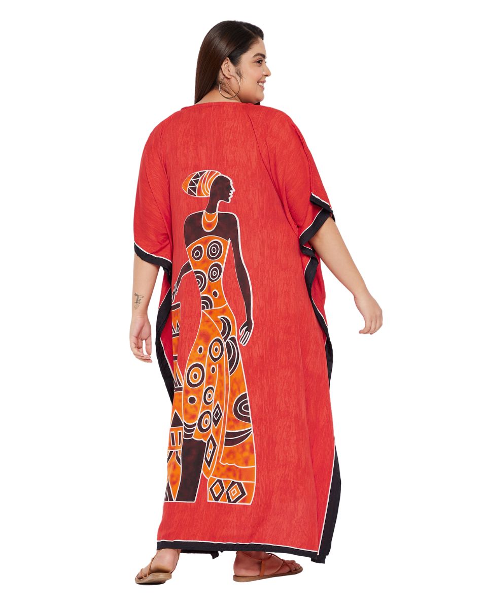 Color Red Tribal Printed Polyester Kaftan For Plus Size Women