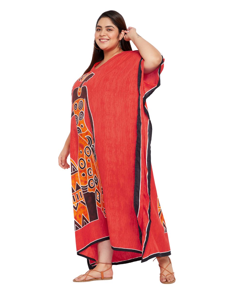 Color Red Tribal Printed Polyester Kaftan For Plus Size Women