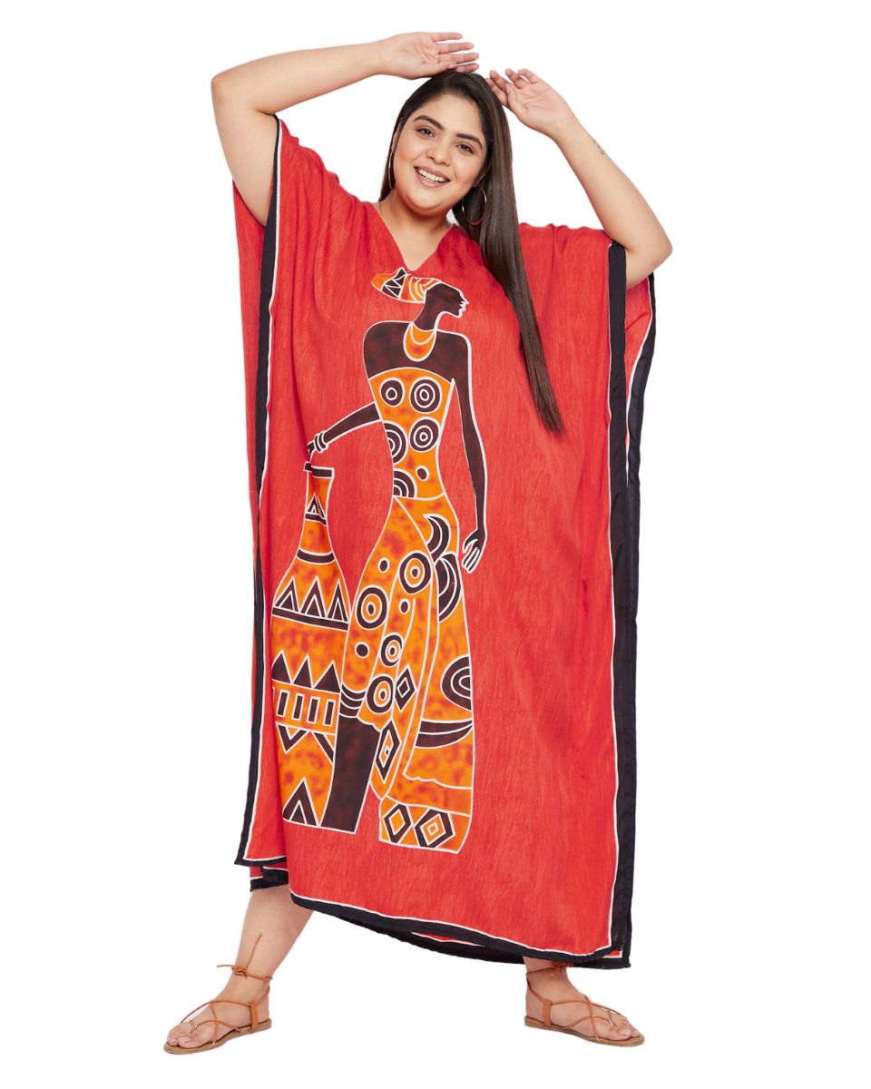 Color Red Tribal Printed Polyester Kaftan For Plus Size Women
