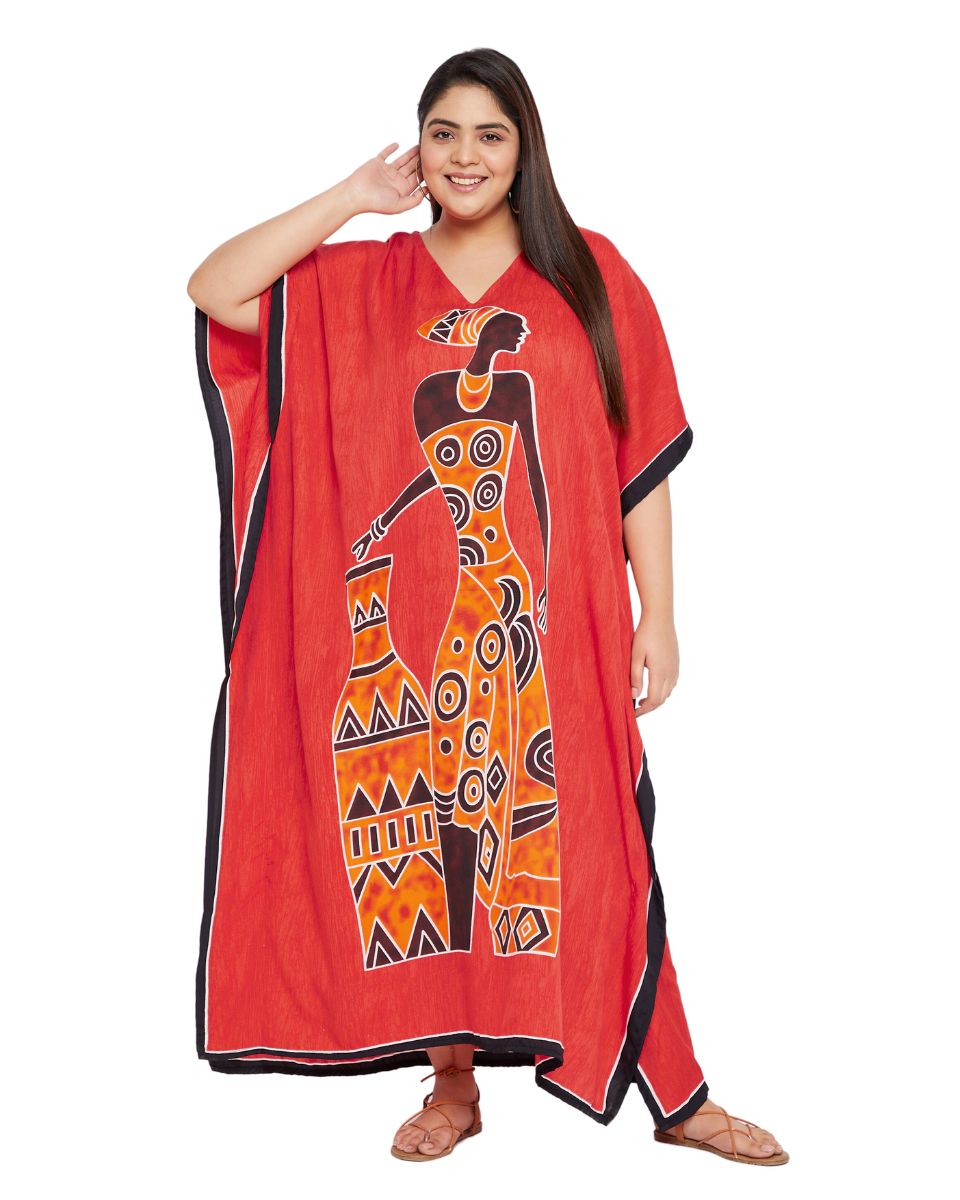 Color Red Tribal Printed Polyester Kaftan For Plus Size Women