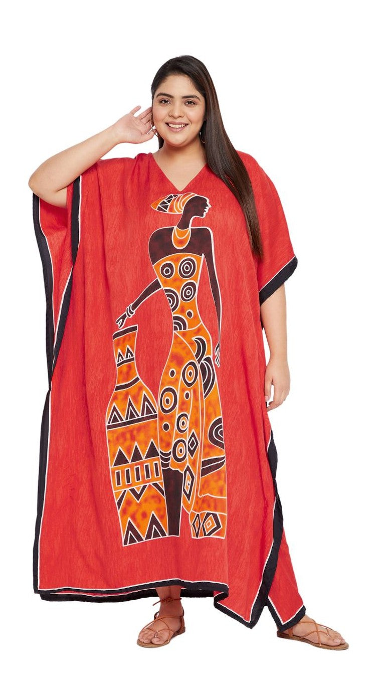 Red polyester plus size kaftan with orange African tribal figure print and black trim