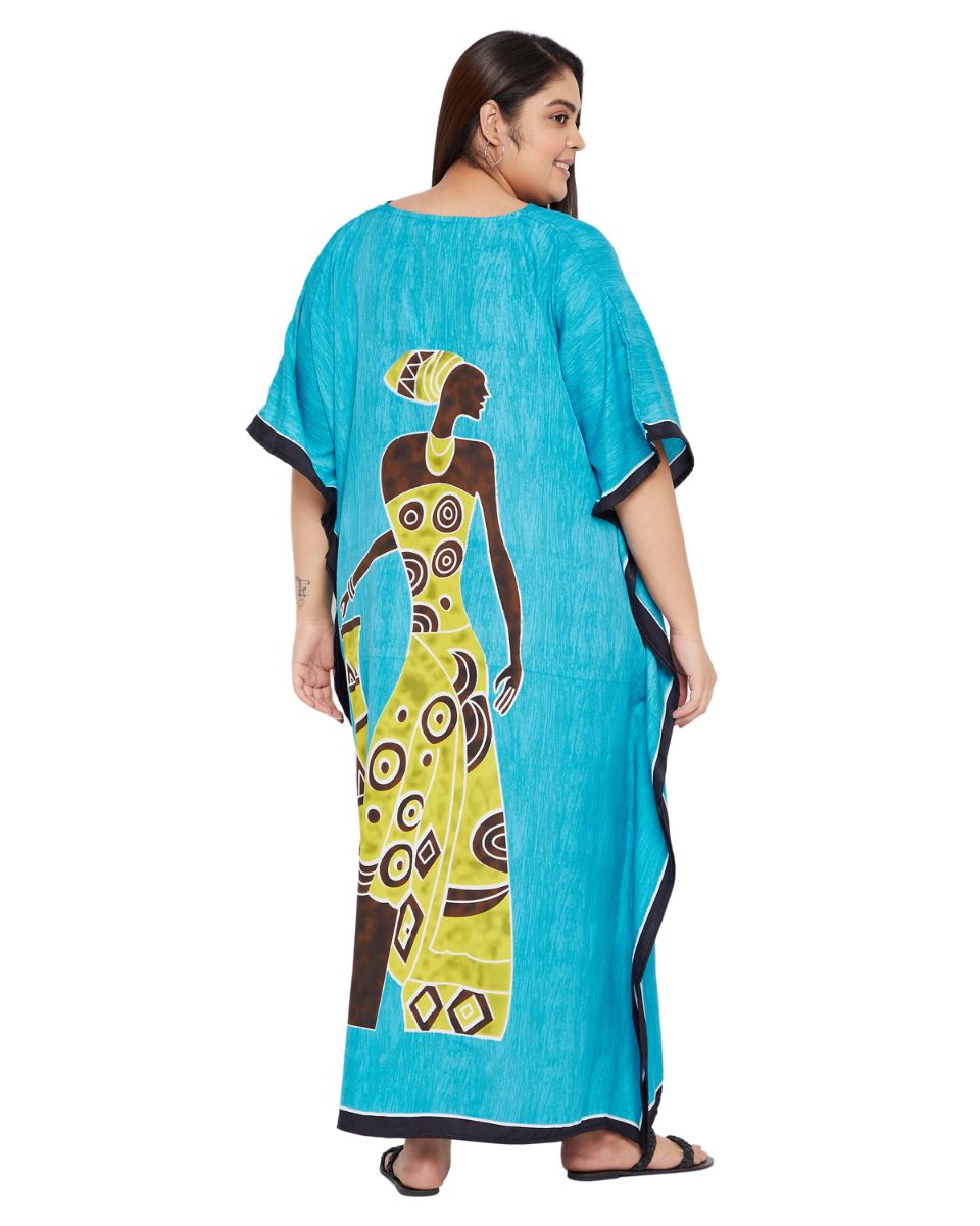 Sky Blue Tribal Printed Polyester Kaftan For Plus Size Women