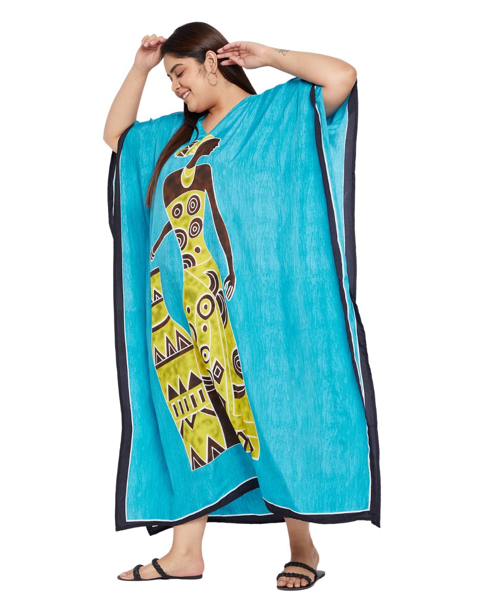 Sky Blue Tribal Printed Polyester Kaftan For Plus Size Women