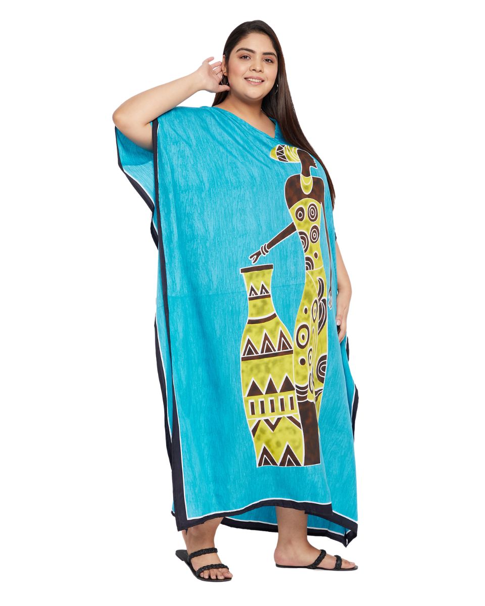 Sky Blue Tribal Printed Polyester Kaftan For Plus Size Women