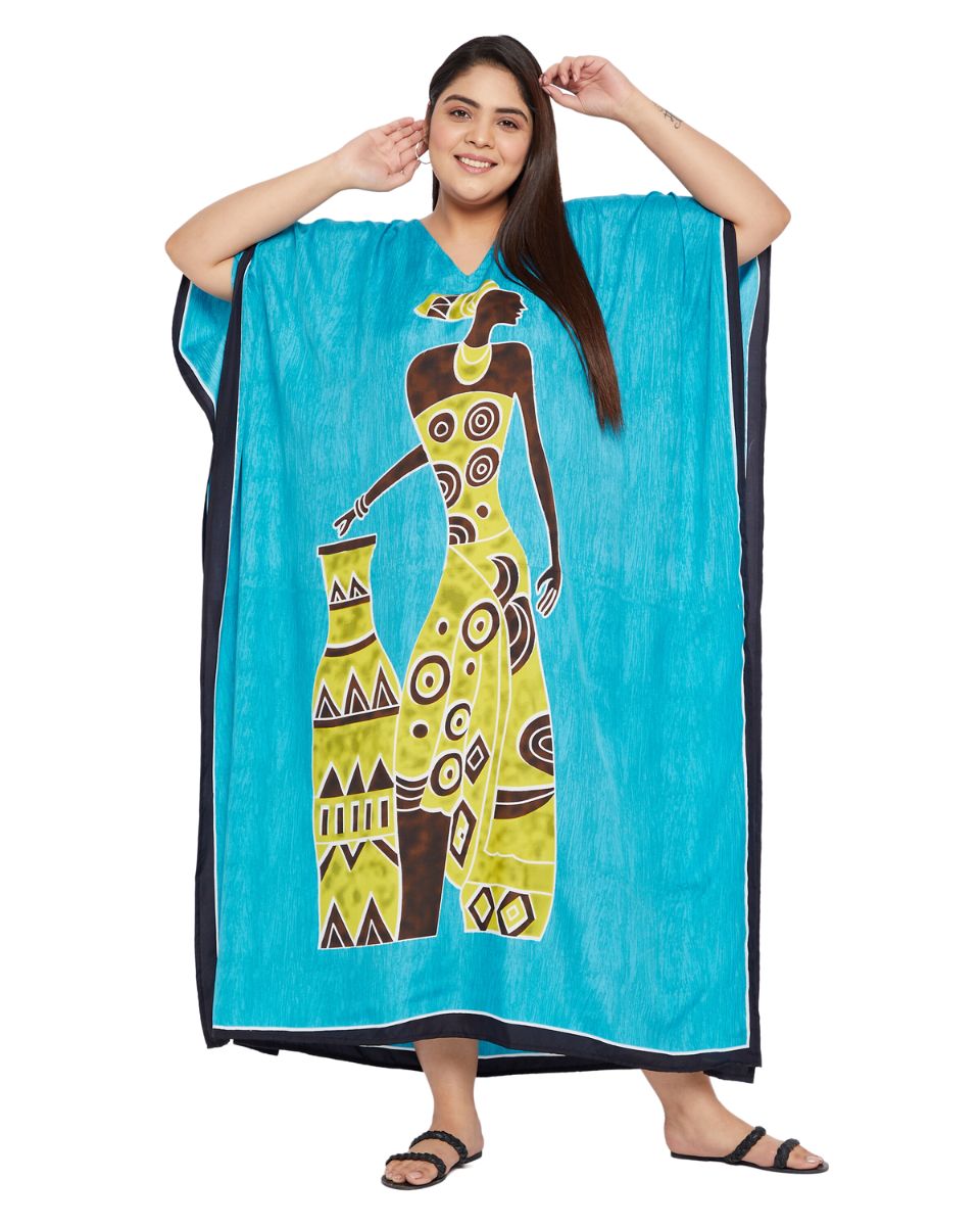 Sky Blue Tribal Printed Polyester Kaftan For Plus Size Women