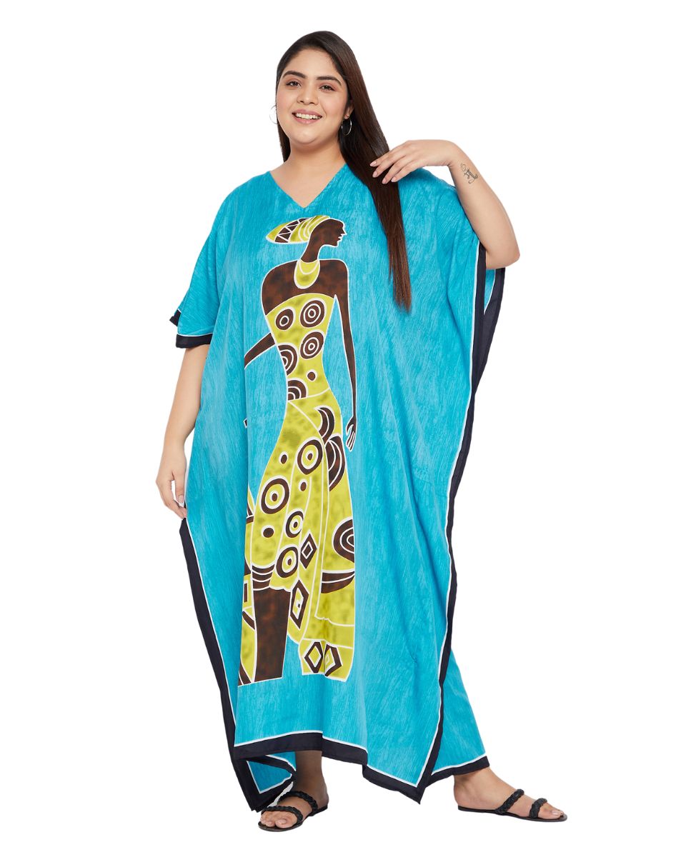 Sky Blue Tribal Printed Polyester Kaftan For Plus Size Women