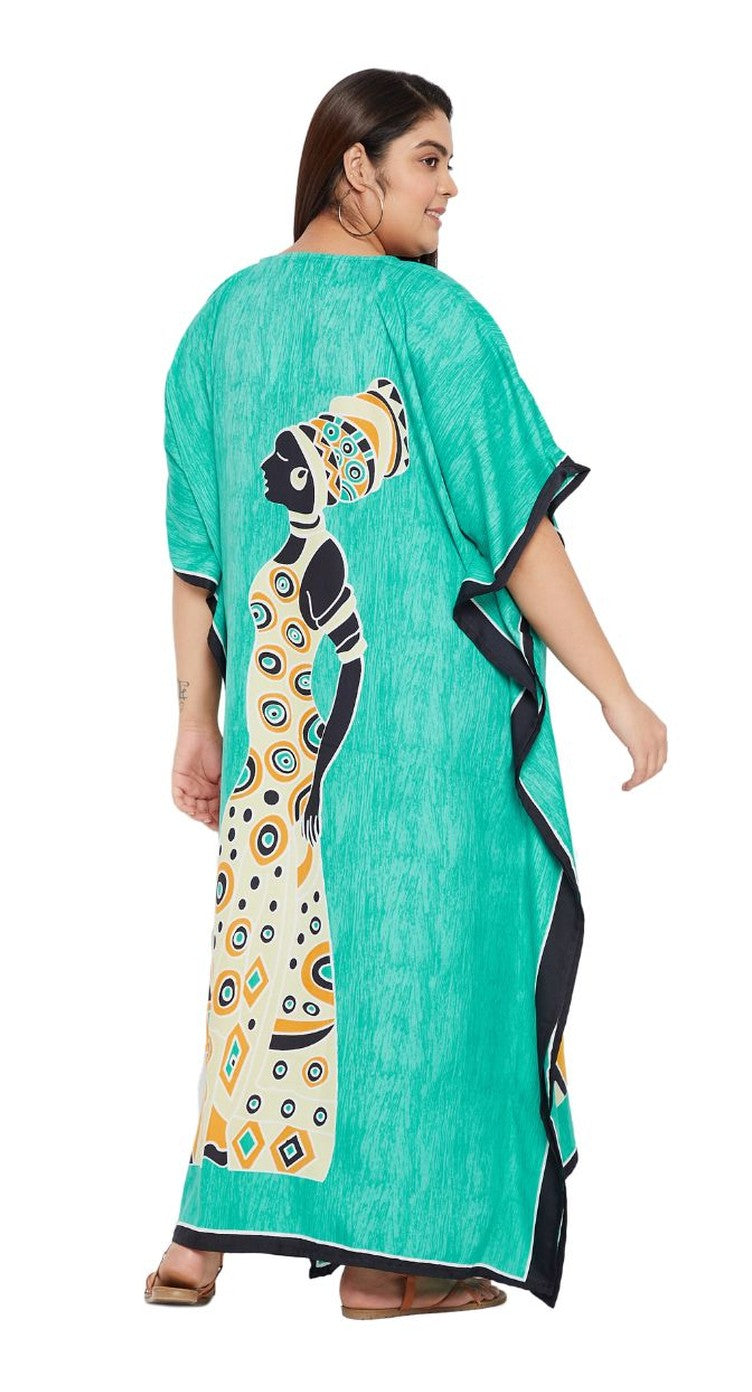 Teal polyester plus size kaftan with African tribal figure print and black trim — alternate view