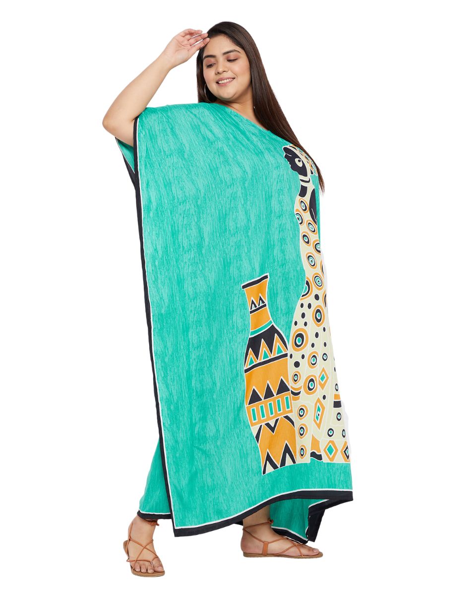 Mint Polyester Kaftan Tribal Printed Plus Size Dress For Women