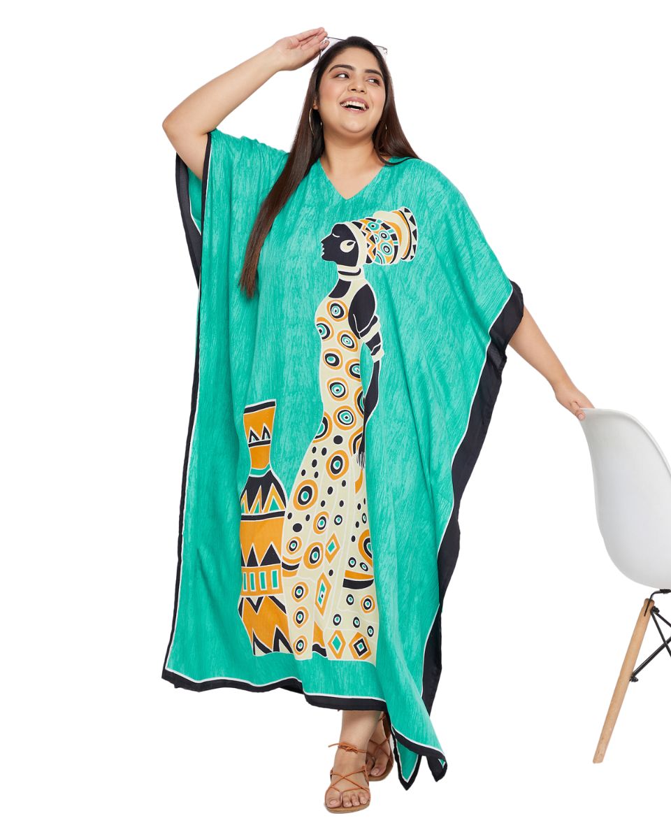 Mint Polyester Kaftan Tribal Printed Plus Size Dress For Women