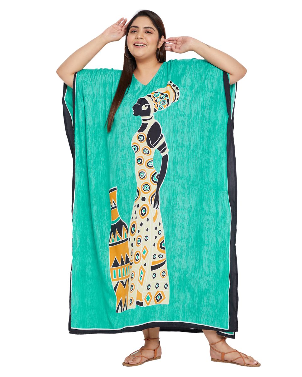 Mint Polyester Kaftan Tribal Printed Plus Size Dress For Women