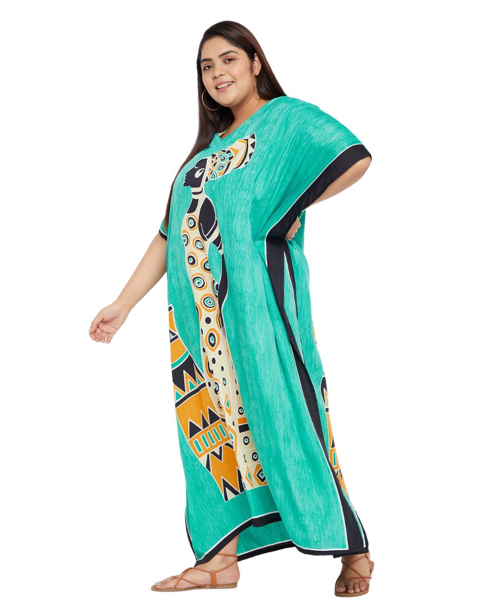 Mint Polyester Kaftan Tribal Printed Plus Size Dress For Women