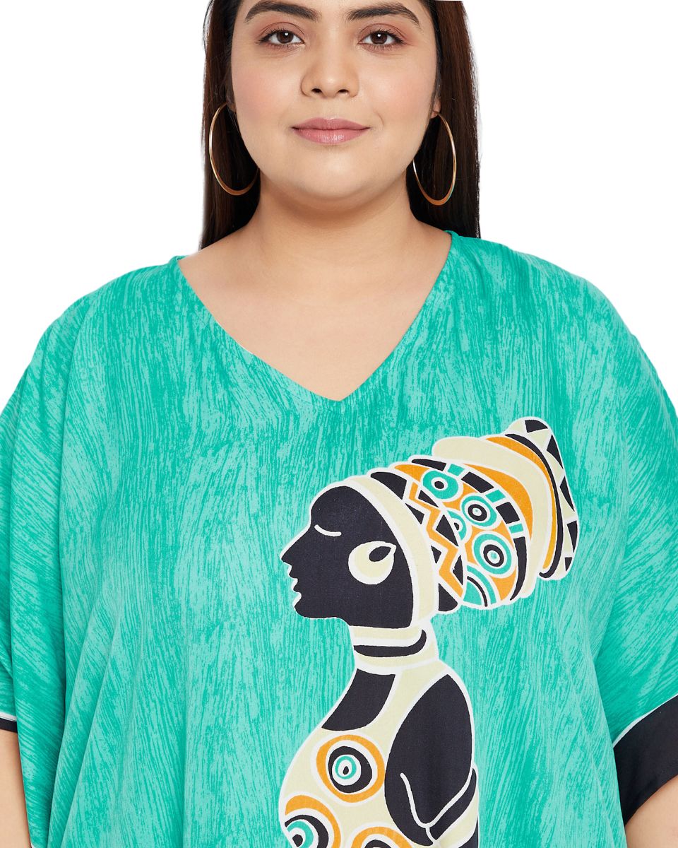 Mint Polyester Kaftan Tribal Printed Plus Size Dress For Women