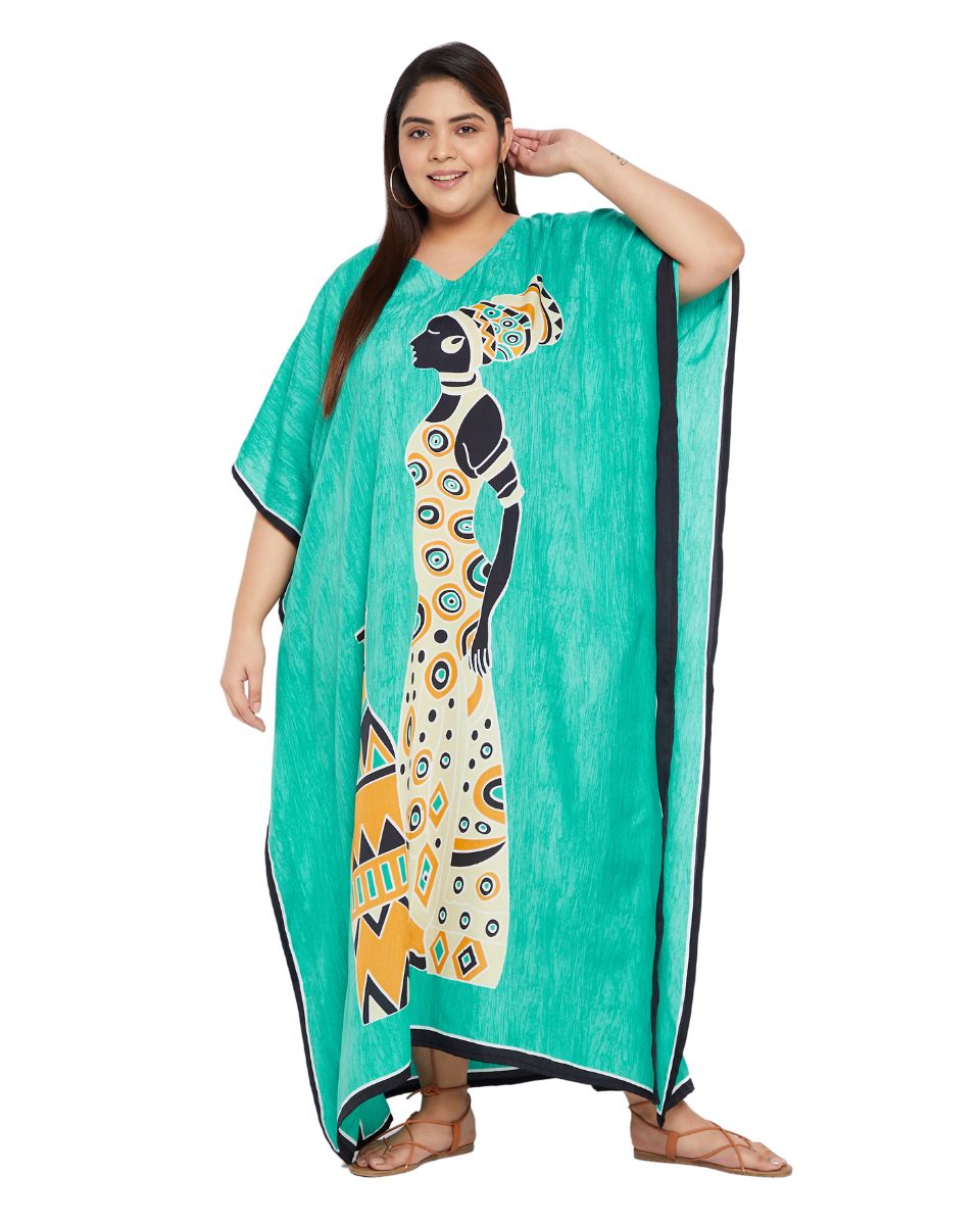 Mint Polyester Kaftan Tribal Printed Plus Size Dress For Women