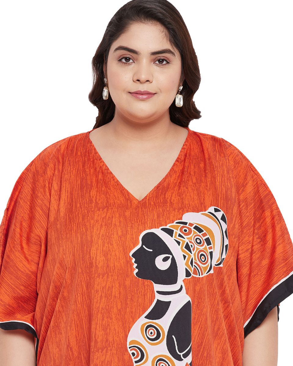 Women Plus Size Kaftan Tribal Printed Orange Polyester