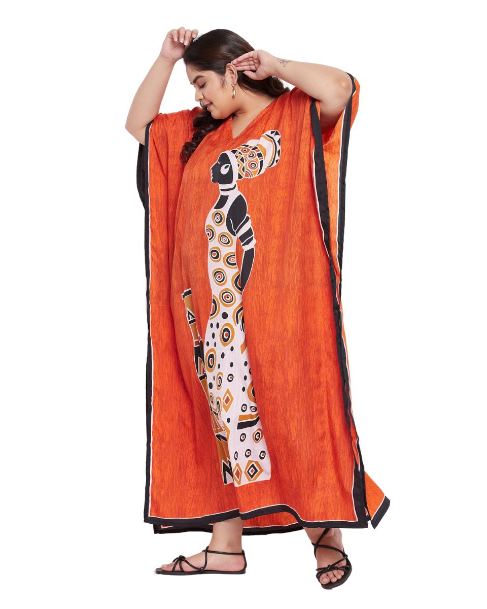 Women Plus Size Kaftan Tribal Printed Orange Polyester
