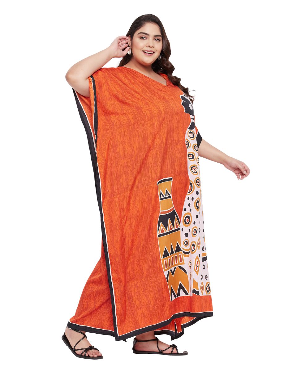 Women Plus Size Kaftan Tribal Printed Orange Polyester